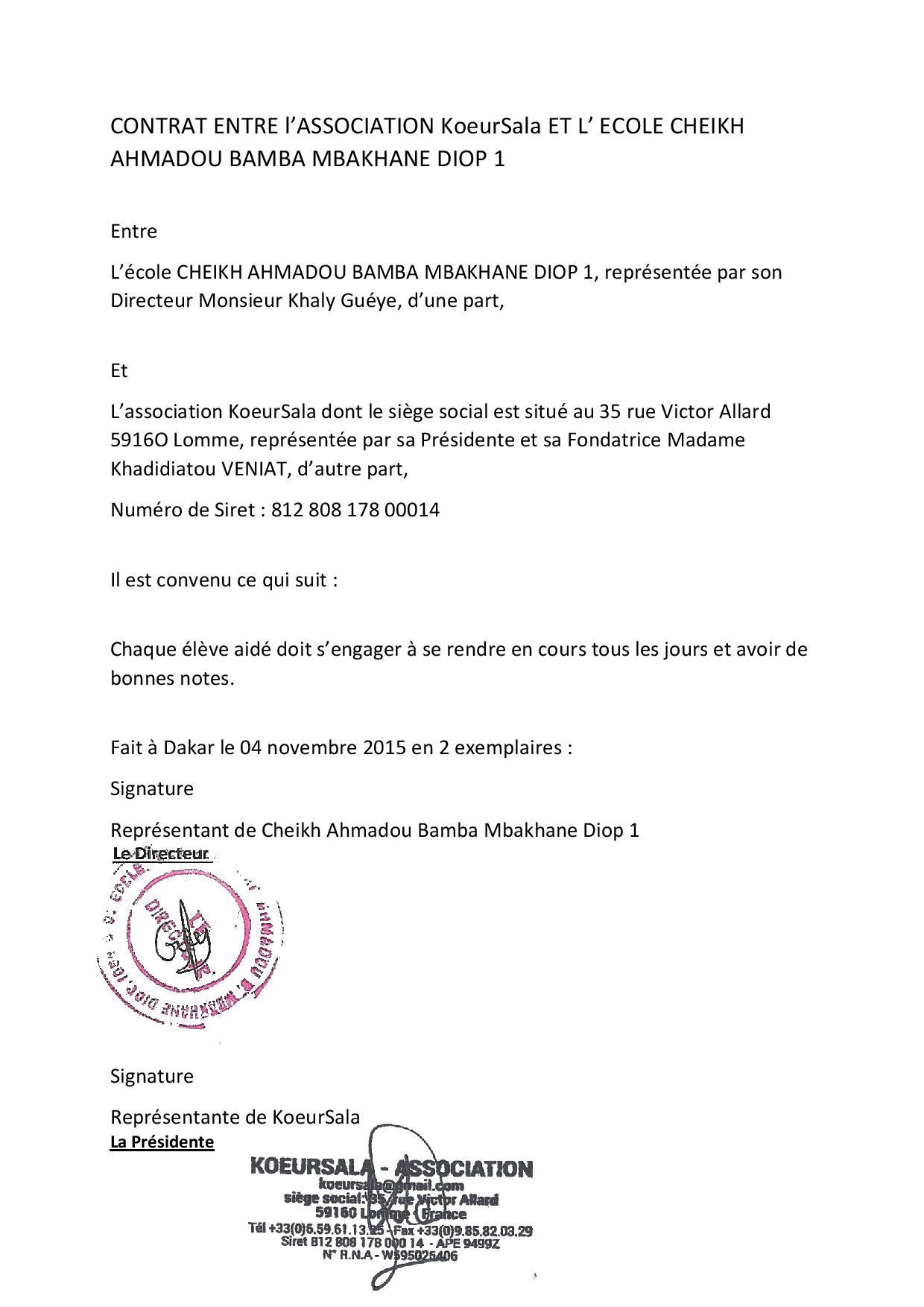 Contrat d Objectif entre Ecole Bamba Diop 1 et KoeurSala