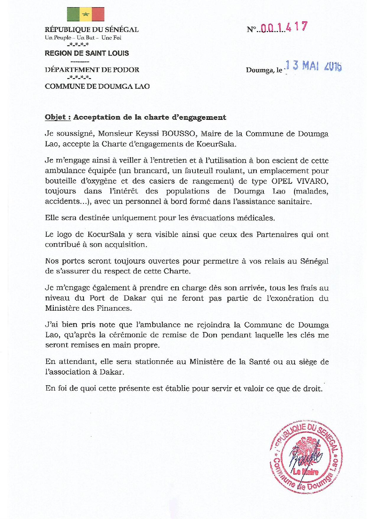 Chartes d'engagements de DOUMGA LAO à KoeurSala