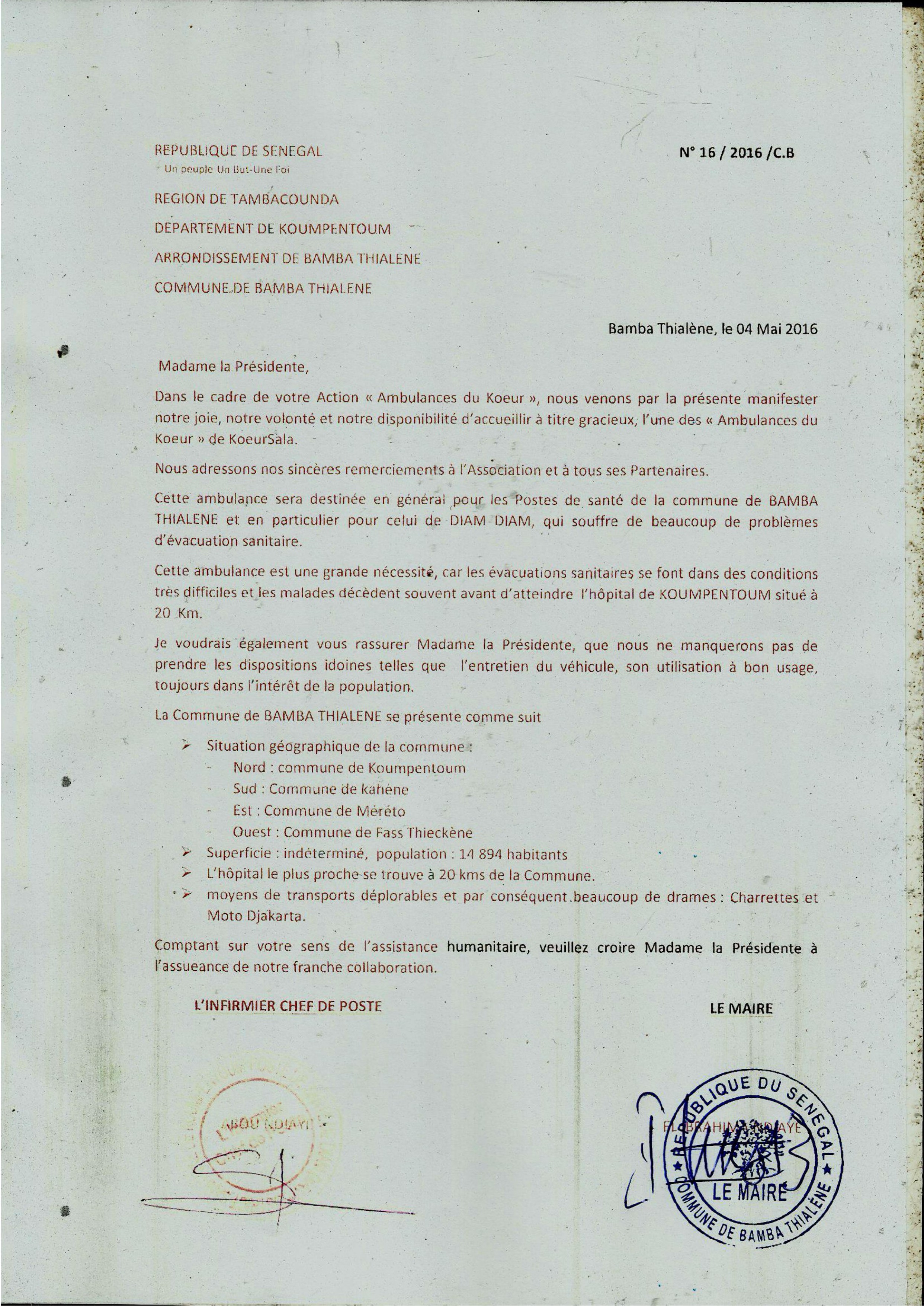 Lettre de remerciement de la commune de BAMBA THIALENE à KoeurSala