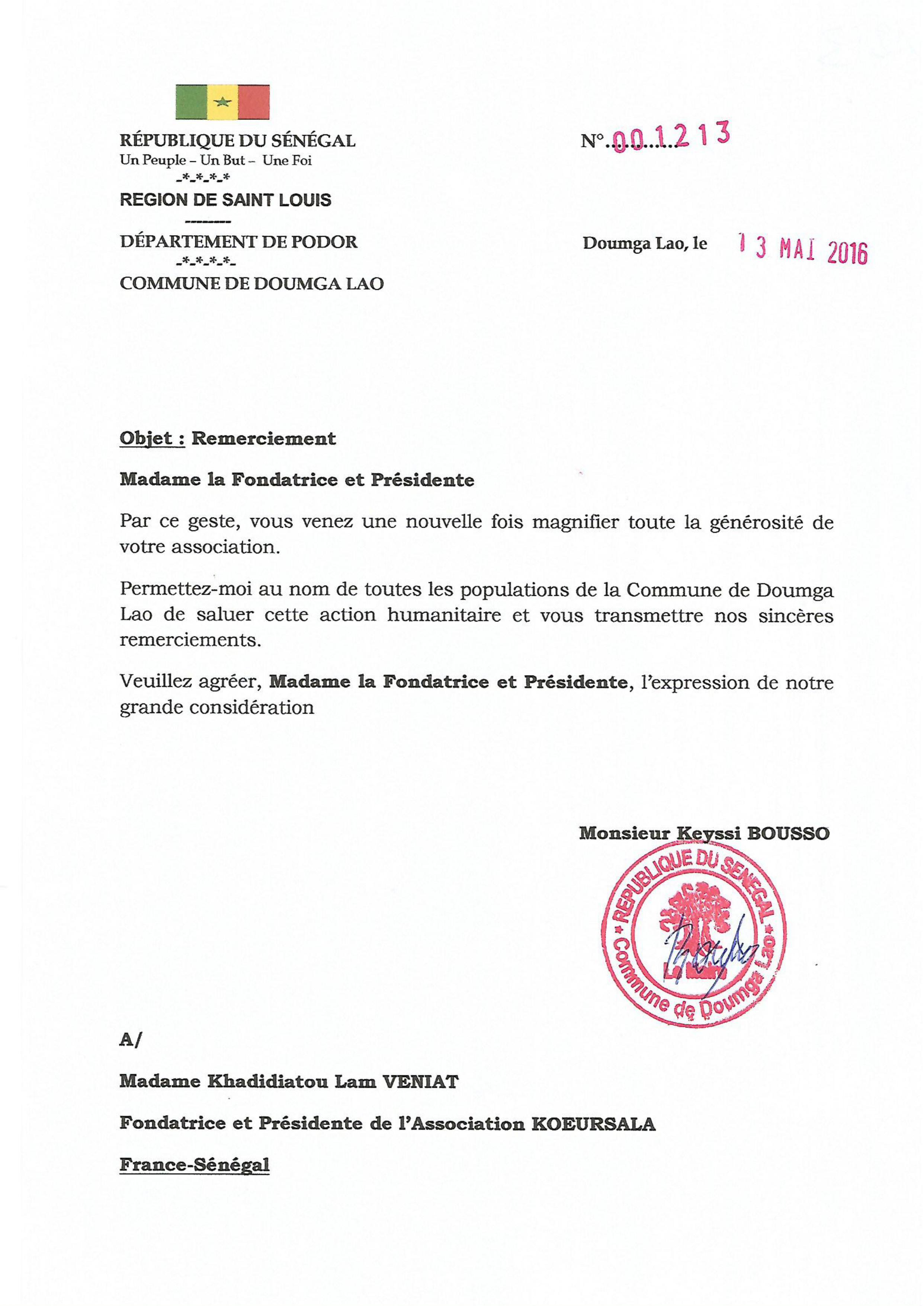 lettre de remerciement de DOUMGA à Koeursala